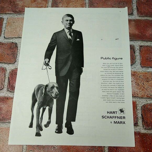 1961 Hart Schaffner & Marx Suit Man Walking Dog "Public Figure" Vtg B&W PRINT AD - Picture 1 of 10
